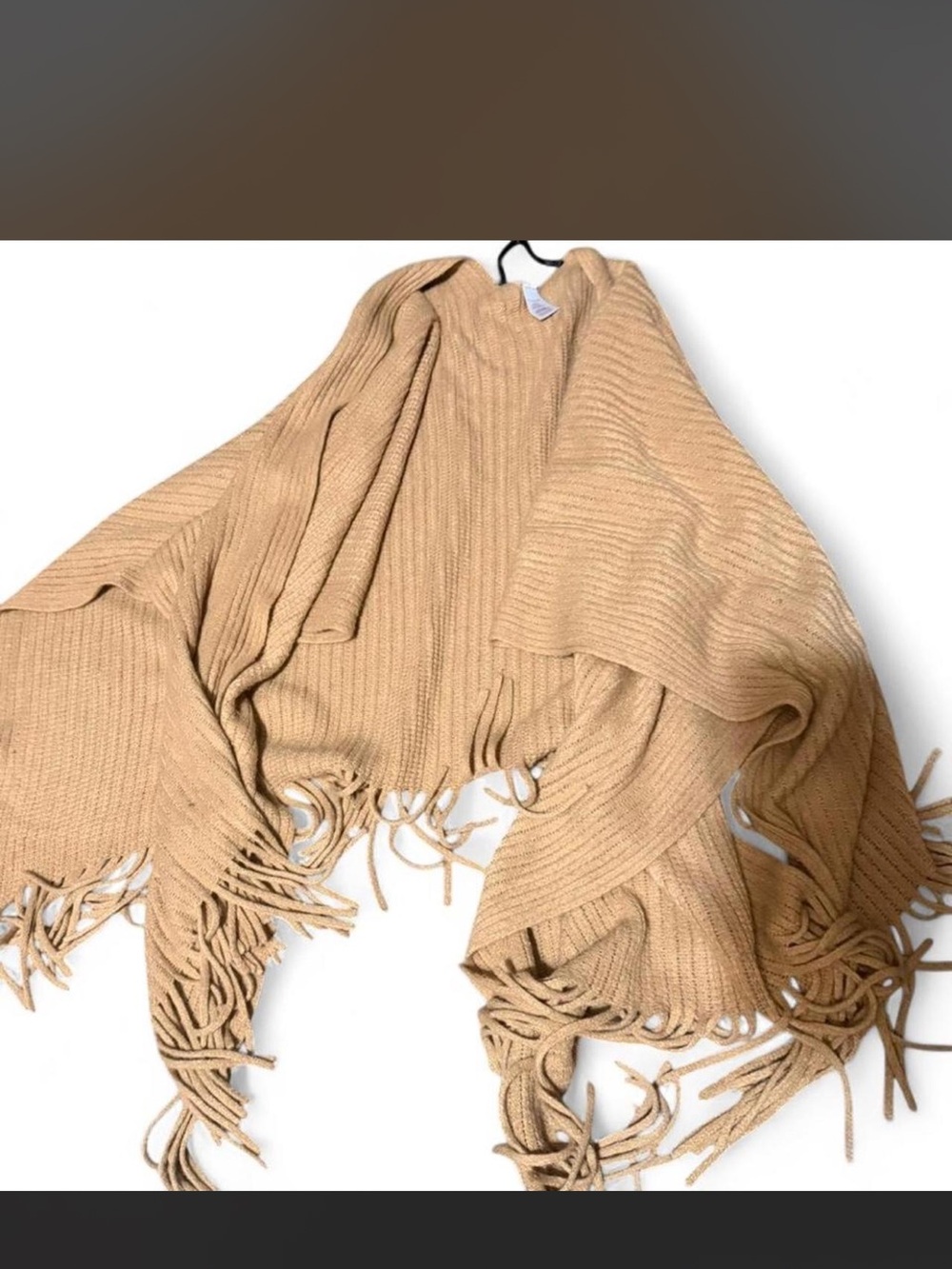 Fringed Knit Poncho - Camel